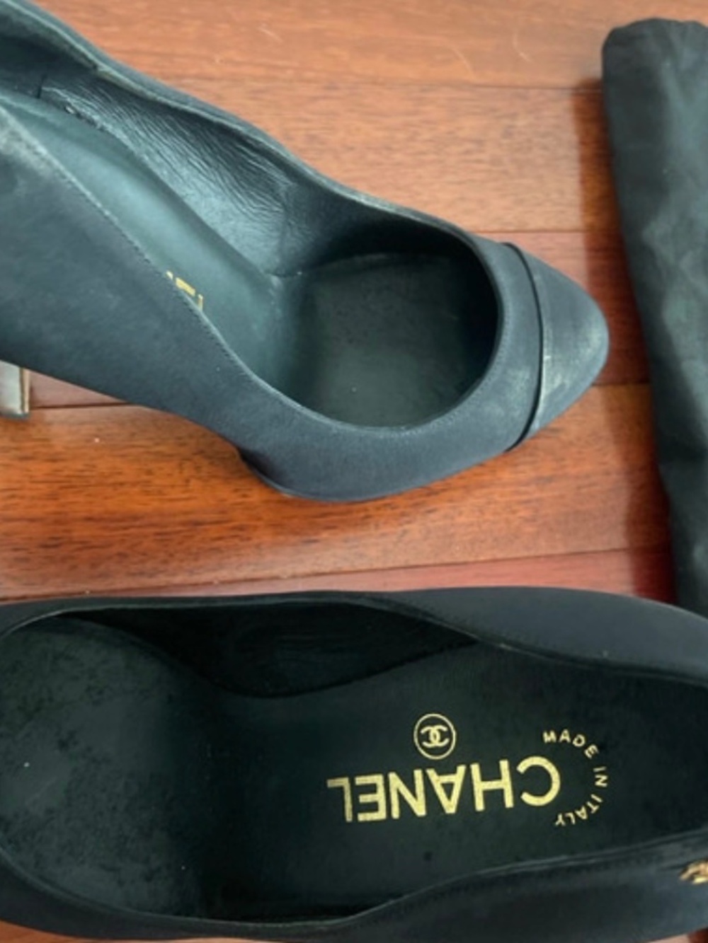Vintage Black Satin Chanel Pumps with Gold Heel